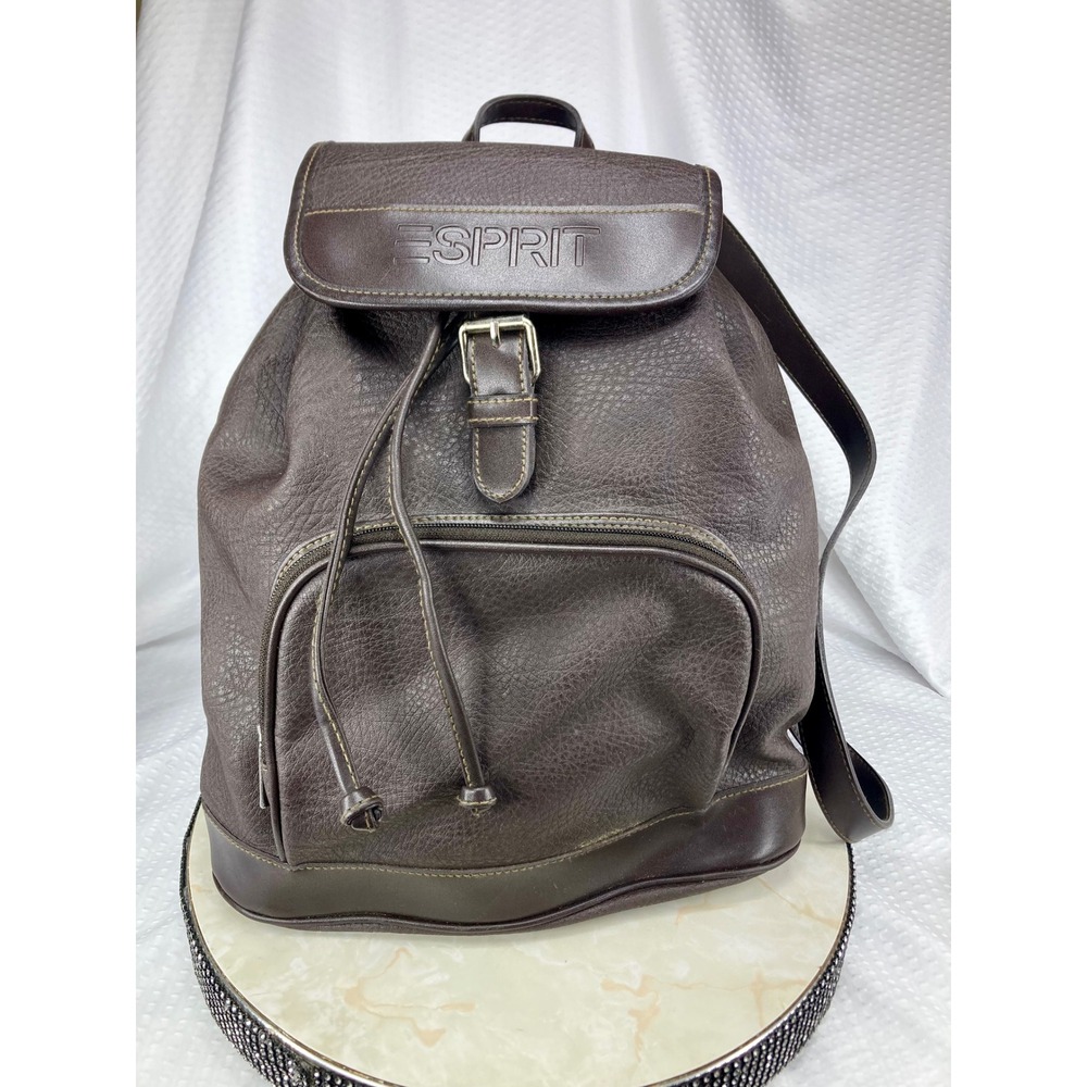 Esprit Vintage Pebbled Faux Leather Backpack Book Bag Women M Brown Travel Flap